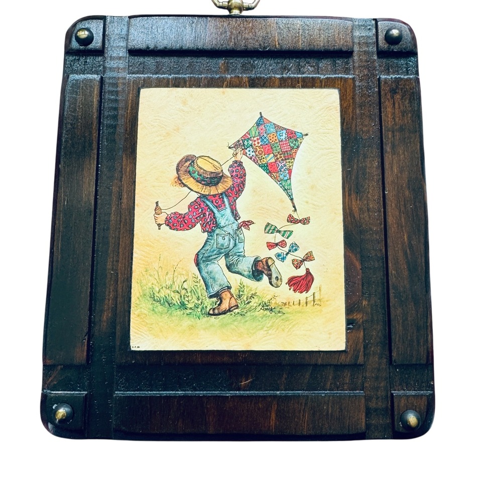 Vintage Patchwork Boy Adventure Kite Flying wall plaque 1970s Americana Country